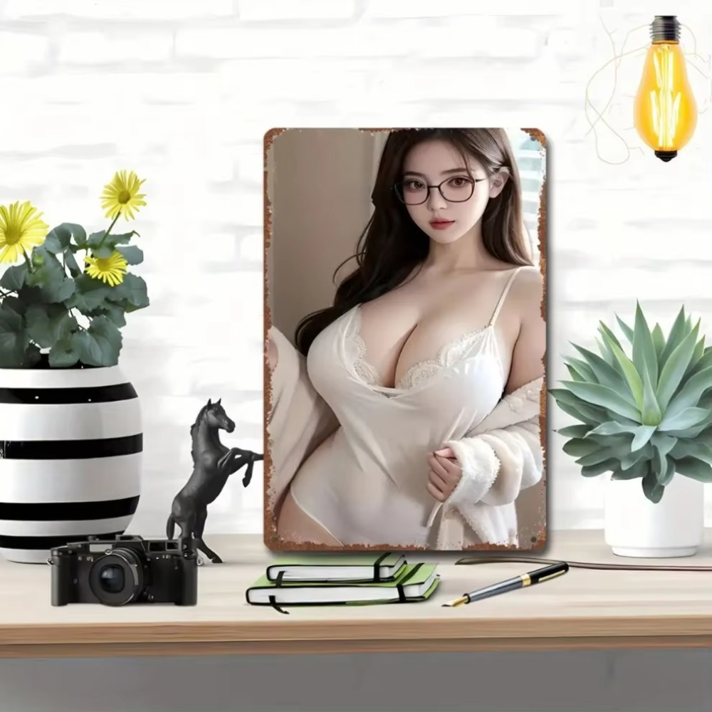 Aluminum wall art decor displayed on a white shelf with flowers and camera, featuring a woman in white lingerie. Ideal for home or office decoration.