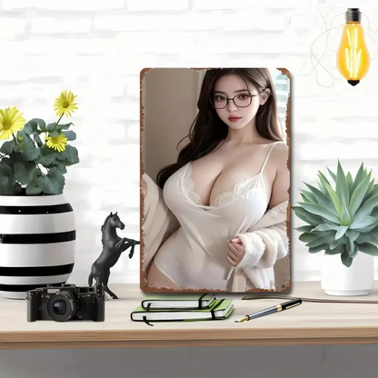 Aluminum wall art decor displayed on a white shelf with flowers and camera, featuring a woman in white lingerie. Ideal for home or office decoration.