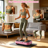 Woman using a pink vibration plate in a living room with insets showing muscle groups worked.