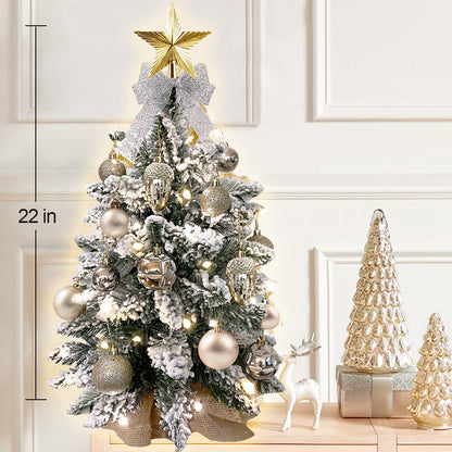 22in Mini Christmas Tree with Lights, Rose Gold Artificial Small Tabletop Christmas Tree with Flocked Snow, Exquisite Decor & Xmas Decorations for Table Top for Home & Office