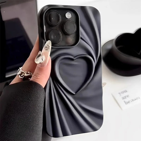 Luxury Candy Color 3D Pleated Love Heart Phone Case For iPhone 11 12 13 14 15 Pro Max X XR XS Max Ins Simple Shockproof Cover