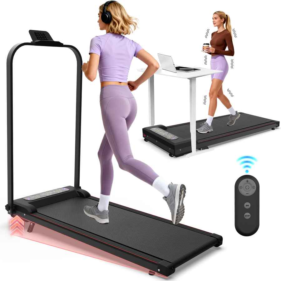 Foldable treadmill with 2.0HP motor, vibration pad, and remote control for home workout, with a woman running on it