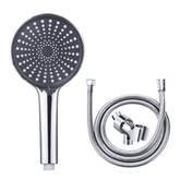 Gray shower head with hose and bracket on a white background
