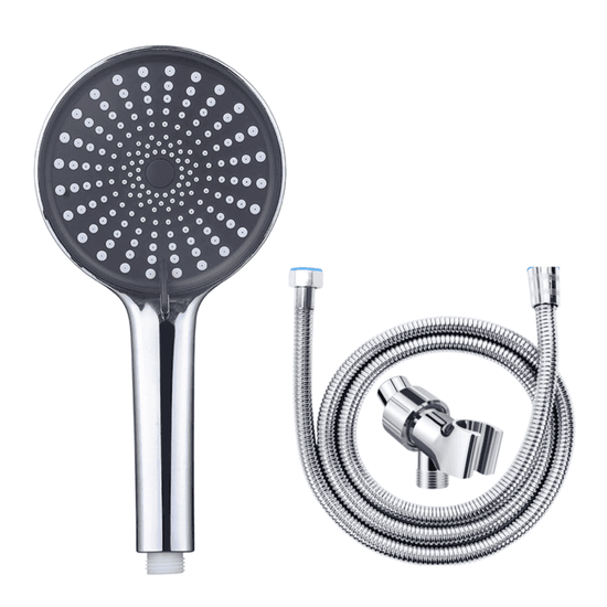 Gray shower head with hose and bracket on a white background