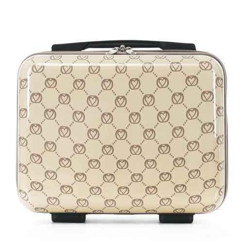 Beige suitcase with heart pattern on a white background