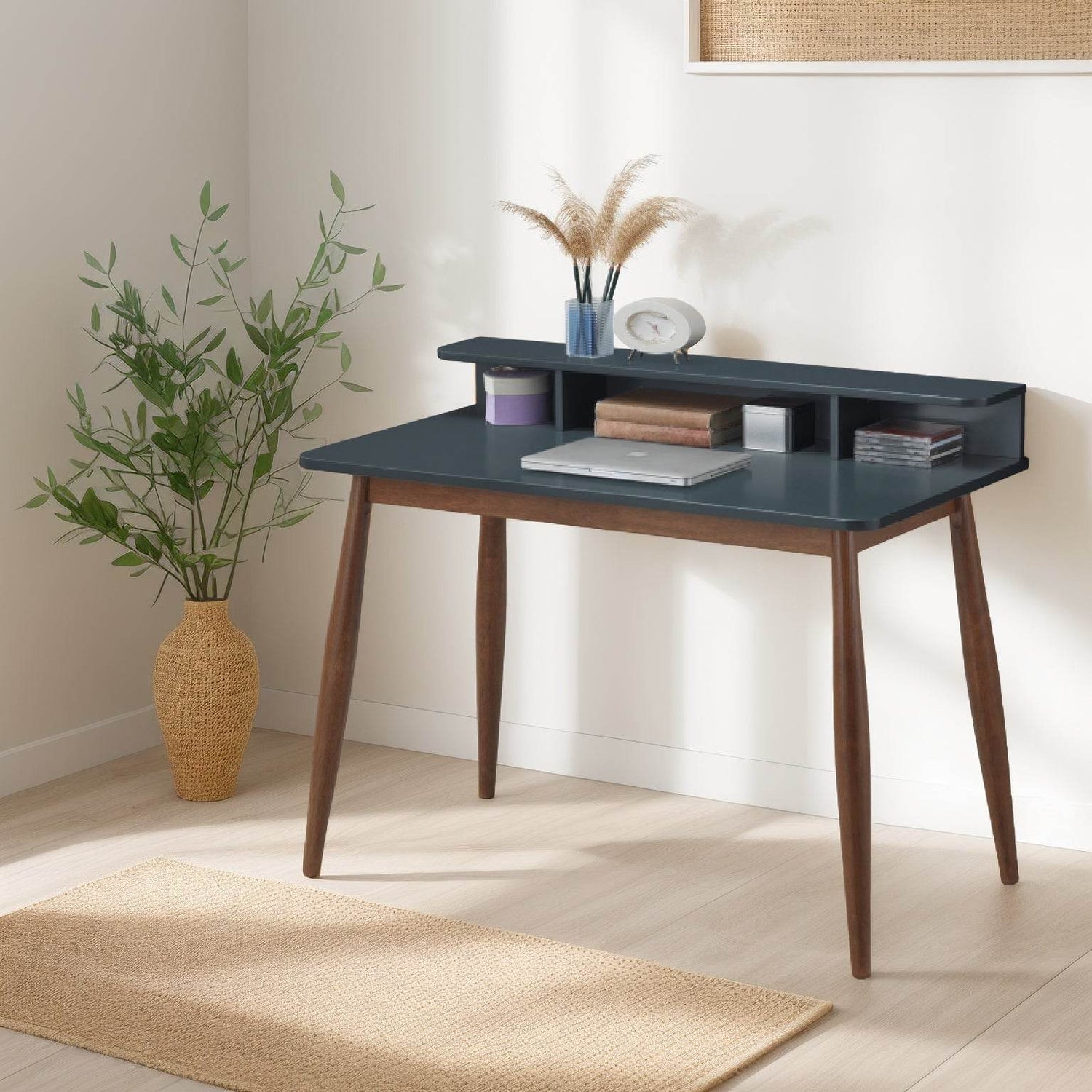 Roskilde Mid-Century Modern Wood Writing Desk with Hutch, Grey Default