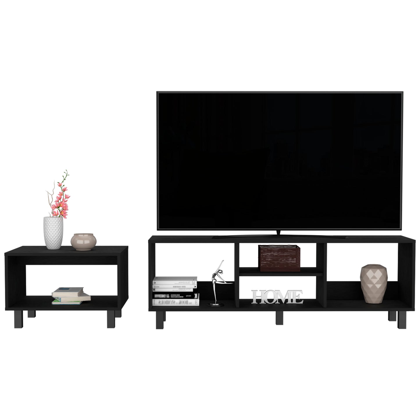 Black Living Room Set with TV Stand and Coffee Table shown with TV and decor. Open shelving provides functional and elegant storage.