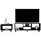 Black Living Room Set with TV Stand and Coffee Table shown with TV and decor. Open shelving provides functional and elegant storage.