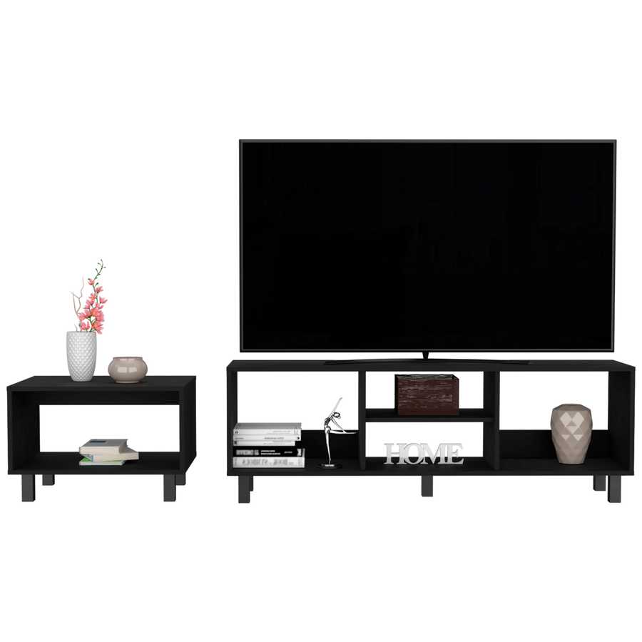 Black Living Room Set with TV Stand and Coffee Table shown with TV and decor. Open shelving provides functional and elegant storage.
