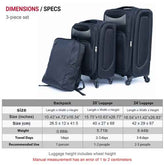 A 3-piece set of black spinner luggage and a matching backpack shown with a detailed dimensions and specifications table below. The image features a white background, red and black text, and a gray data table at the bottom.