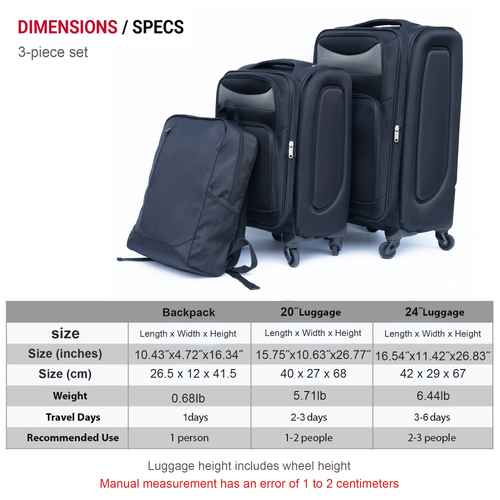 A 3-piece set of black spinner luggage and a matching backpack shown with a detailed dimensions and specifications table below. The image features a white background, red and black text, and a gray data table at the bottom.