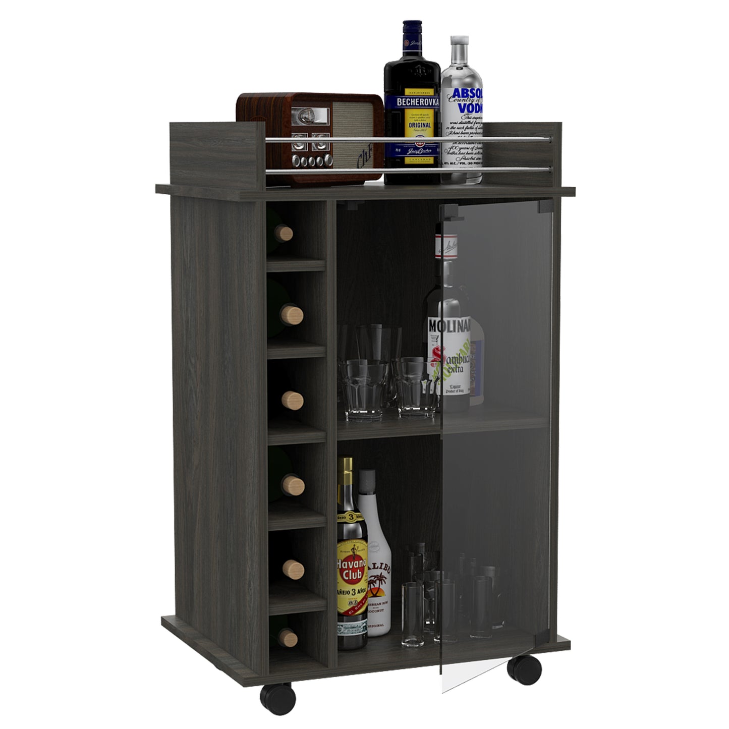 Vegas Glass Two-Door Hexagonal Corner Cabinet With Glass Door, Six Cubbies For Liquor