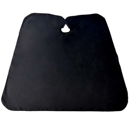Black salon cape with neck opening, designed for use with Barber Chair - Heavy Duty Hydraulic in salon environments.