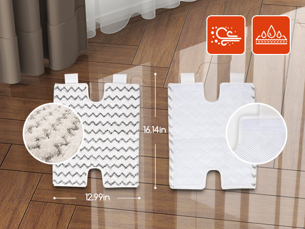 Two white non-slip floor mats shown on a wooden floor with dimension markings (12.99 in by 16.