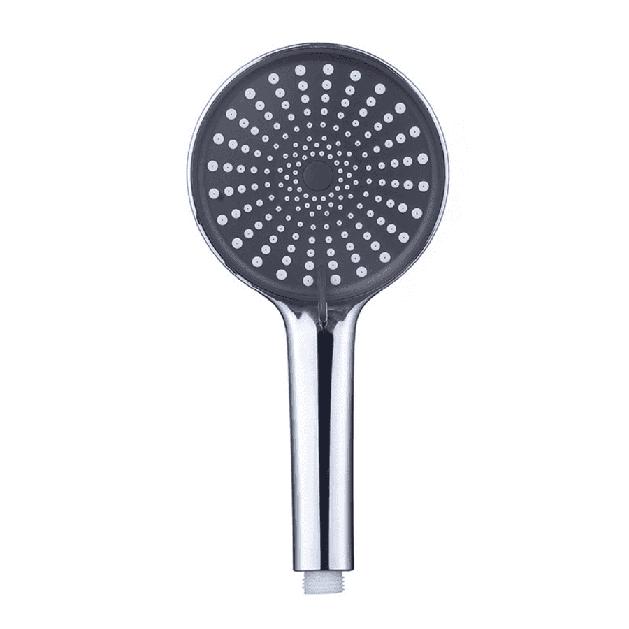 Gray shower head with chrome handle on a white background