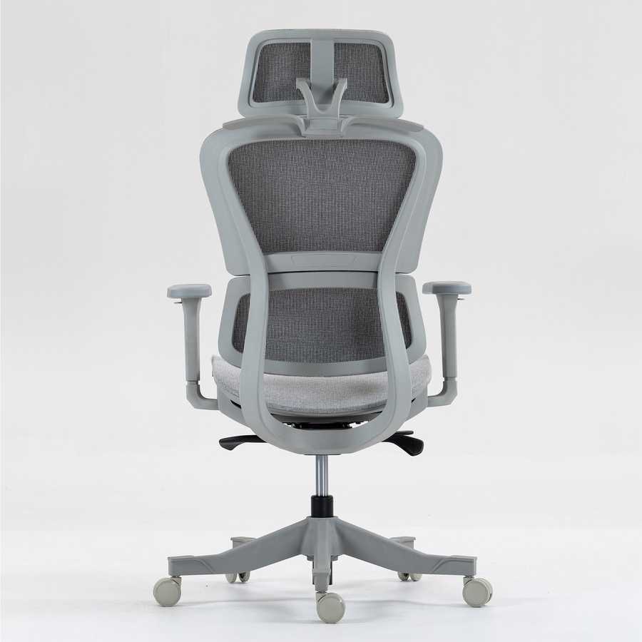 Back view of high back mesh office chair with ventilated mesh support, adjustable headrest, and durable five-star base.