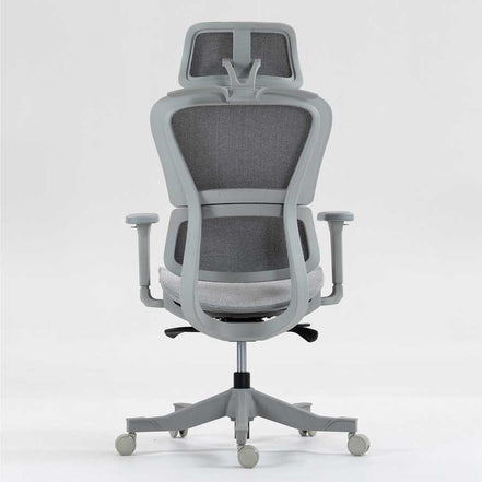 Back view of high back mesh office chair with ventilated mesh support, adjustable headrest, and durable five-star base.