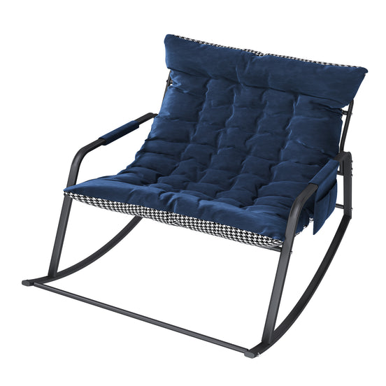 Blue cushioned chair with black metal frame on a white background