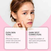 Woman with text on skin improvement with pink background