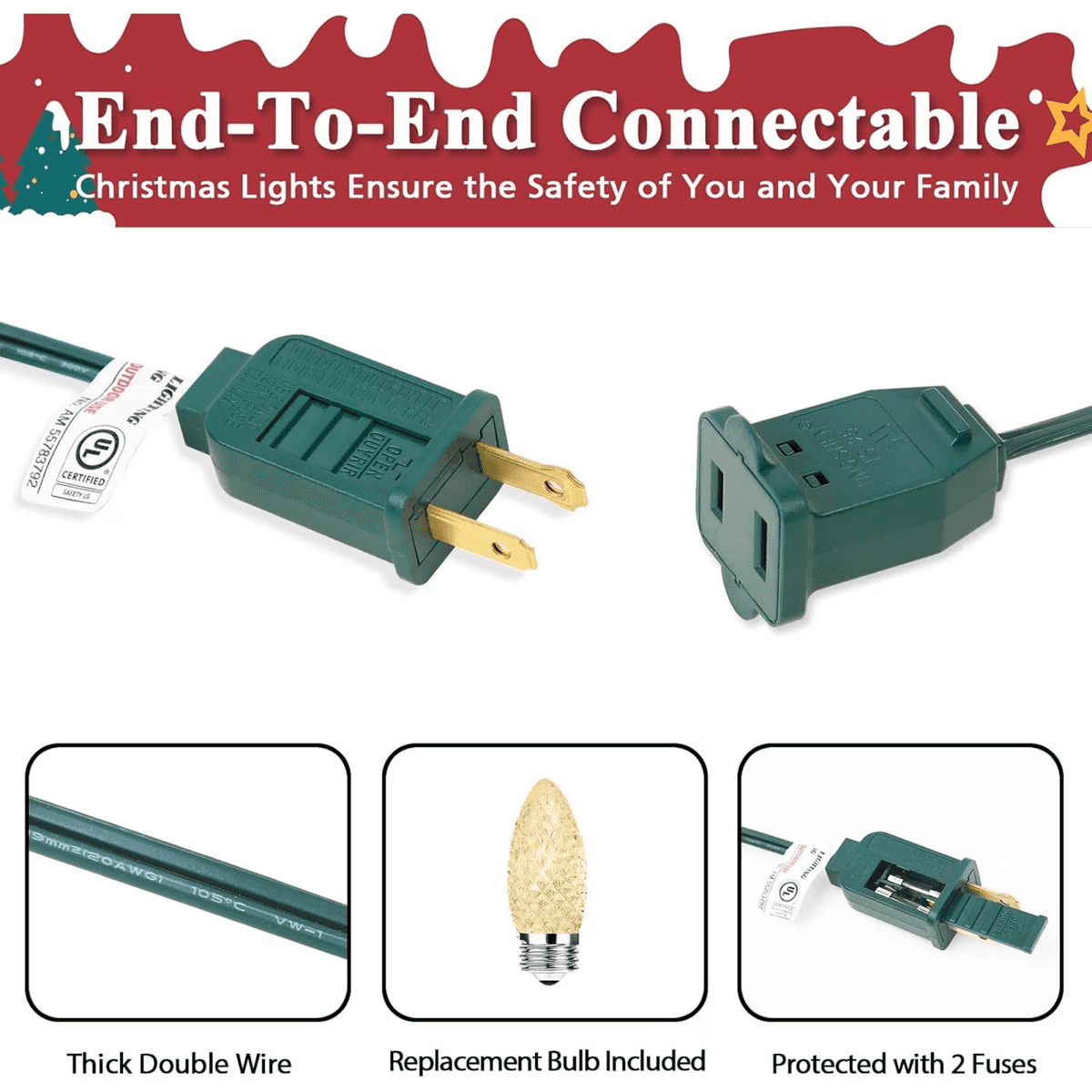 End-to-end connectable Christmas string light plug with fuses and spare bulb