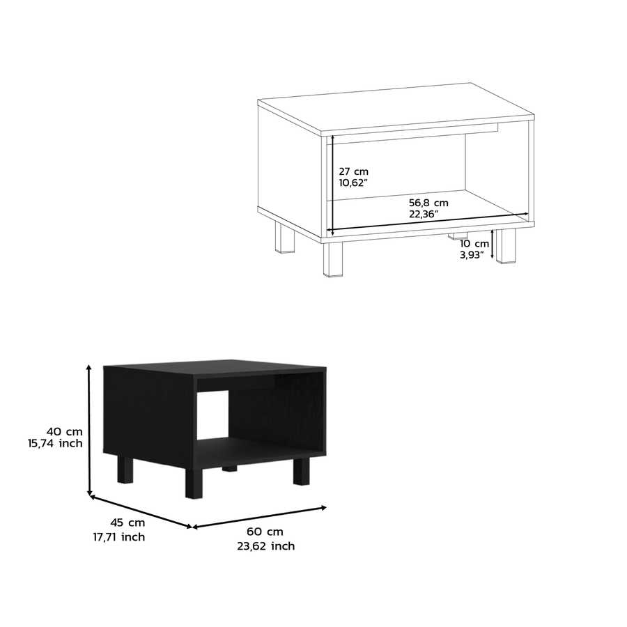 Dimensions of Carter Black Coffee Table with open shelf. Compact and functional design for modern living rooms.