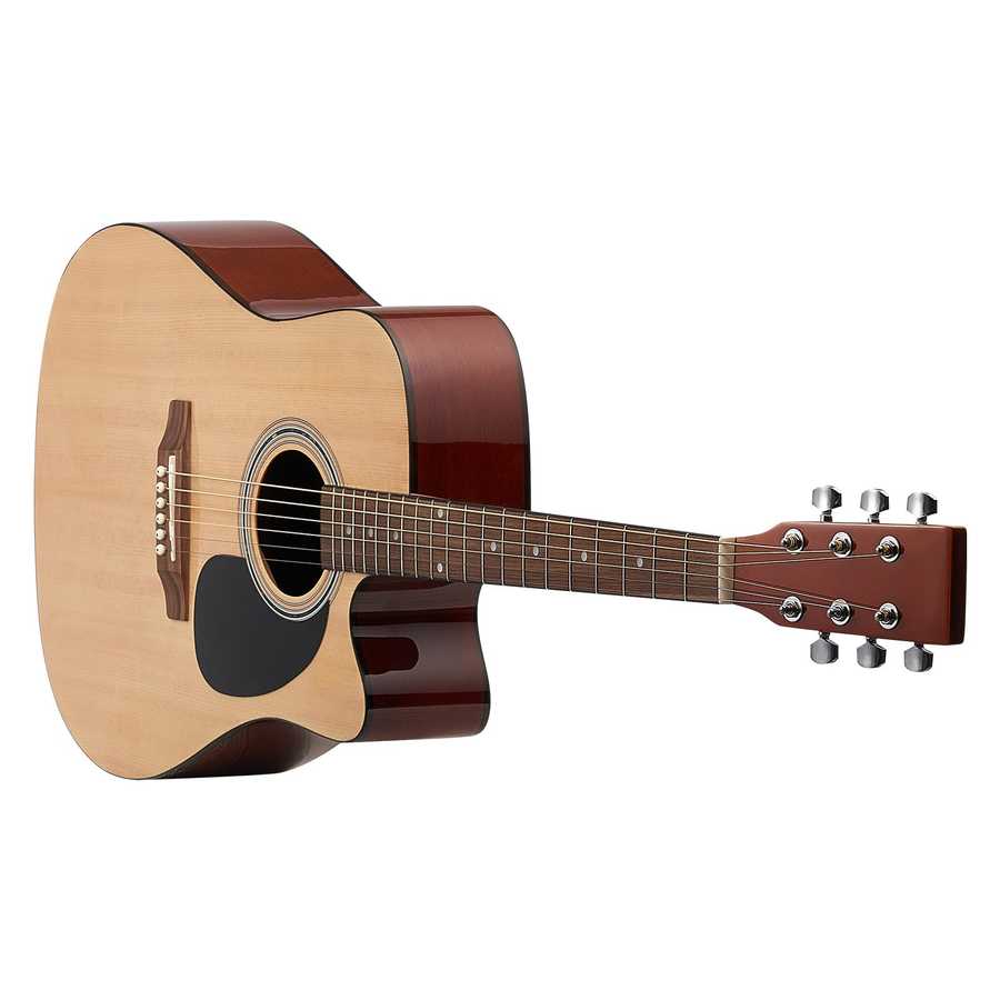 Close-up of acoustic guitar body and fretboard