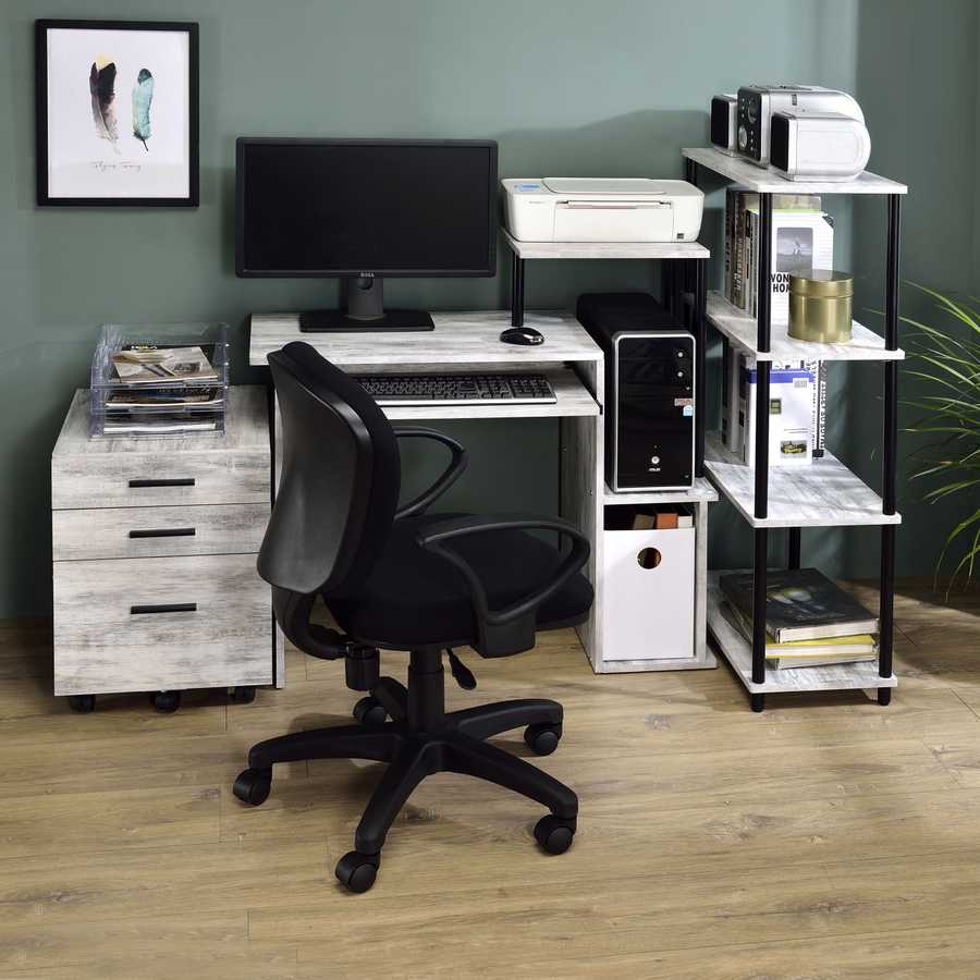 Office workspace with Antique White and Black Computer Desk setup