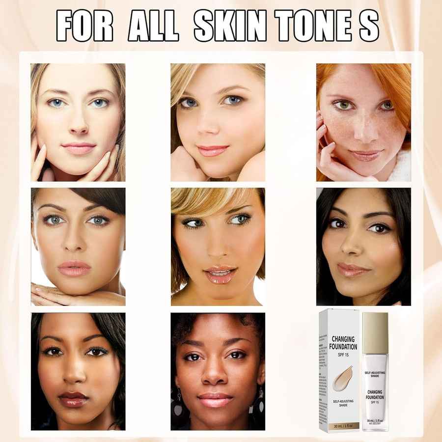 A promotional collage for a charging foundation SPF 15, showing nine different women&