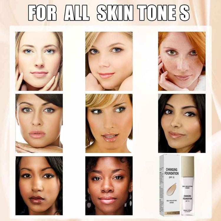 A promotional collage for a charging foundation SPF 15, showing nine different women&