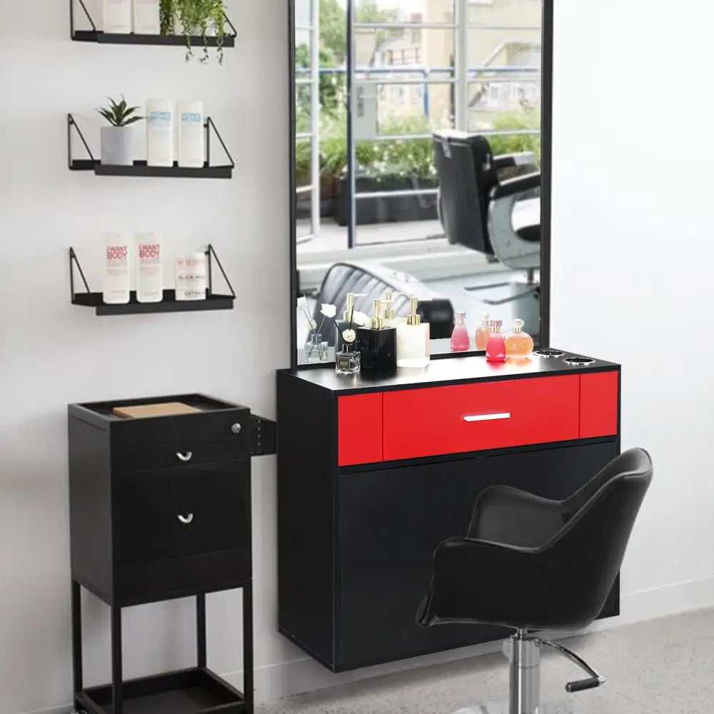 Chipboard linen top 1 drawer 1 door with mirror Salon cabinet black and red MLNshops]