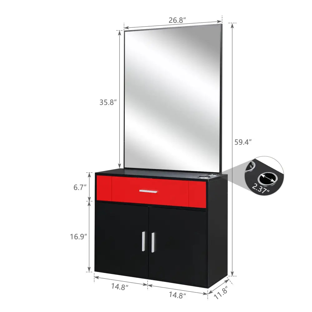 Chipboard linen top 1 drawer 1 door with mirror Salon cabinet black and red MLNshops]