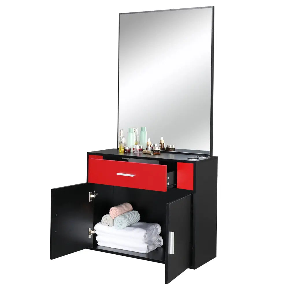 Chipboard linen top 1 drawer 1 door with mirror Salon cabinet black and red MLNshops]