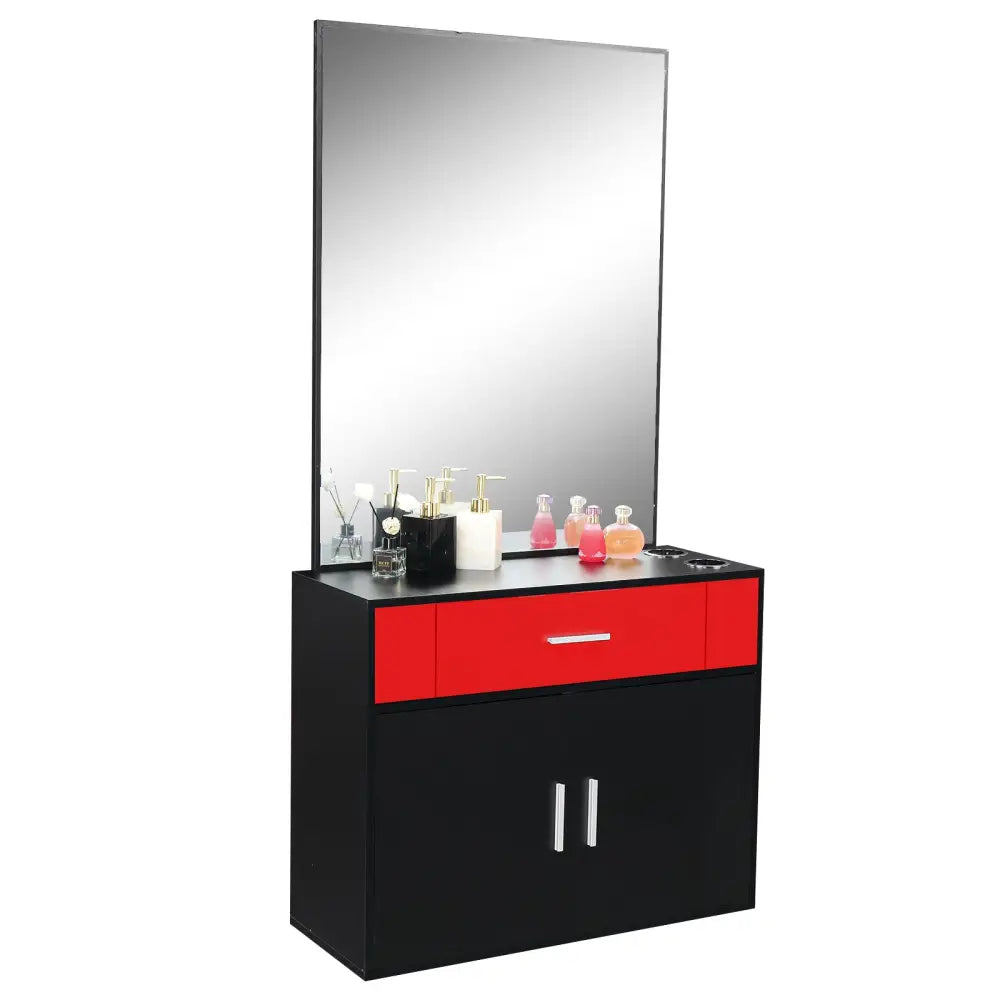 Chipboard linen top 1 drawer 1 door with mirror Salon cabinet black and red MLNshops]