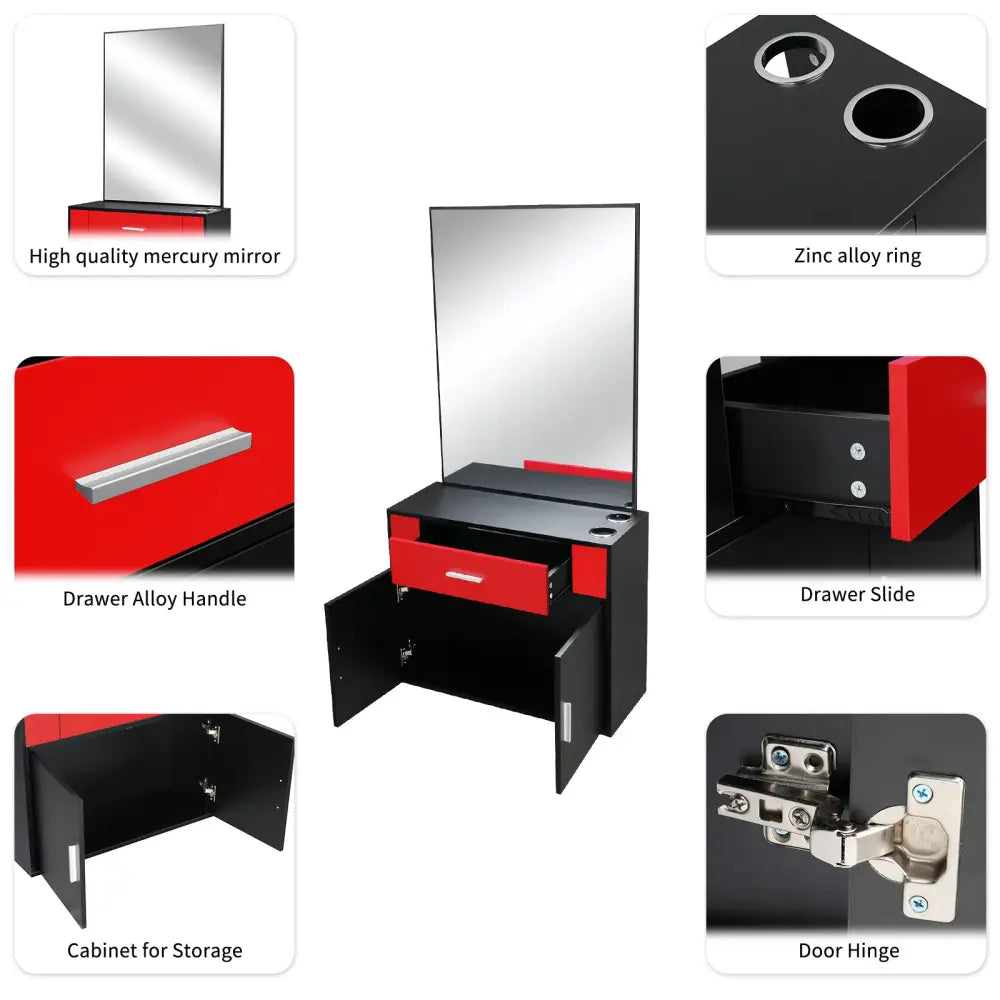 Chipboard linen top 1 drawer 1 door with mirror Salon cabinet black and red MLNshops]