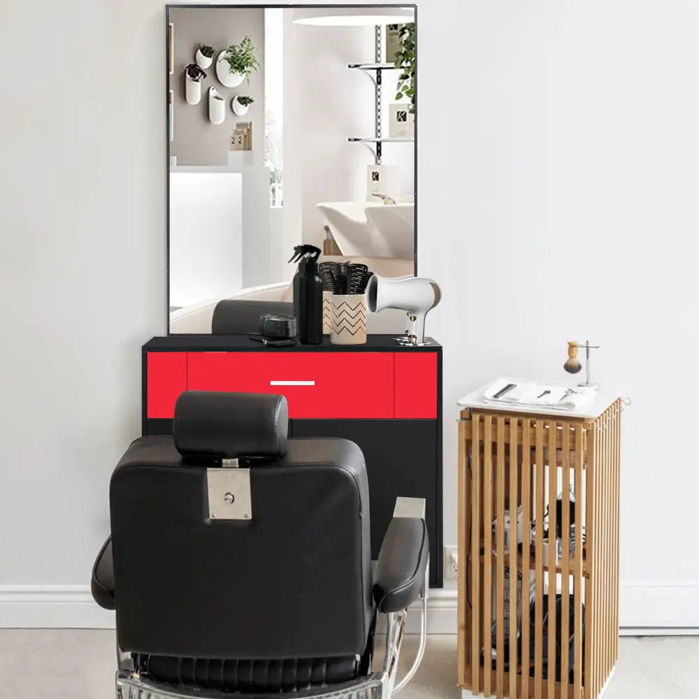 Chipboard linen top 1 drawer 1 door with mirror Salon cabinet black and red MLNshops]