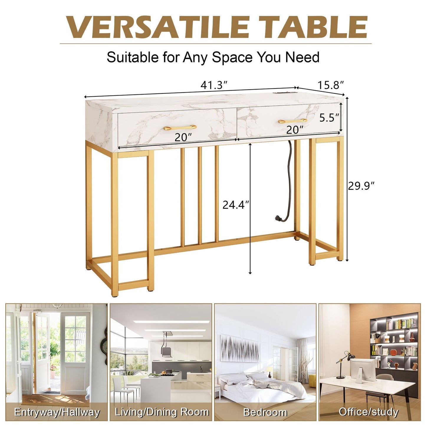 Elegant console table with outlets, featuring a marble top and a stylish gold frame for versatile home use