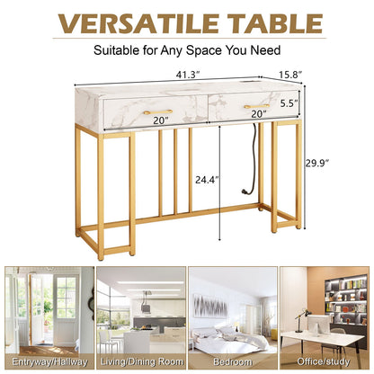 Elegant console table with outlets, featuring a marble top and a stylish gold frame for versatile home use
