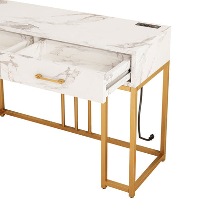 Modern console table with outlets featuring a marble top and gold metal frame, includes two drawers