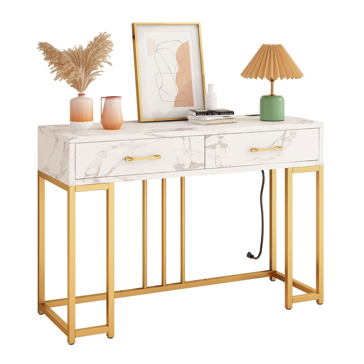 Elegant console table with outlets featuring a marble top and gold metal frame, perfect for modern decor