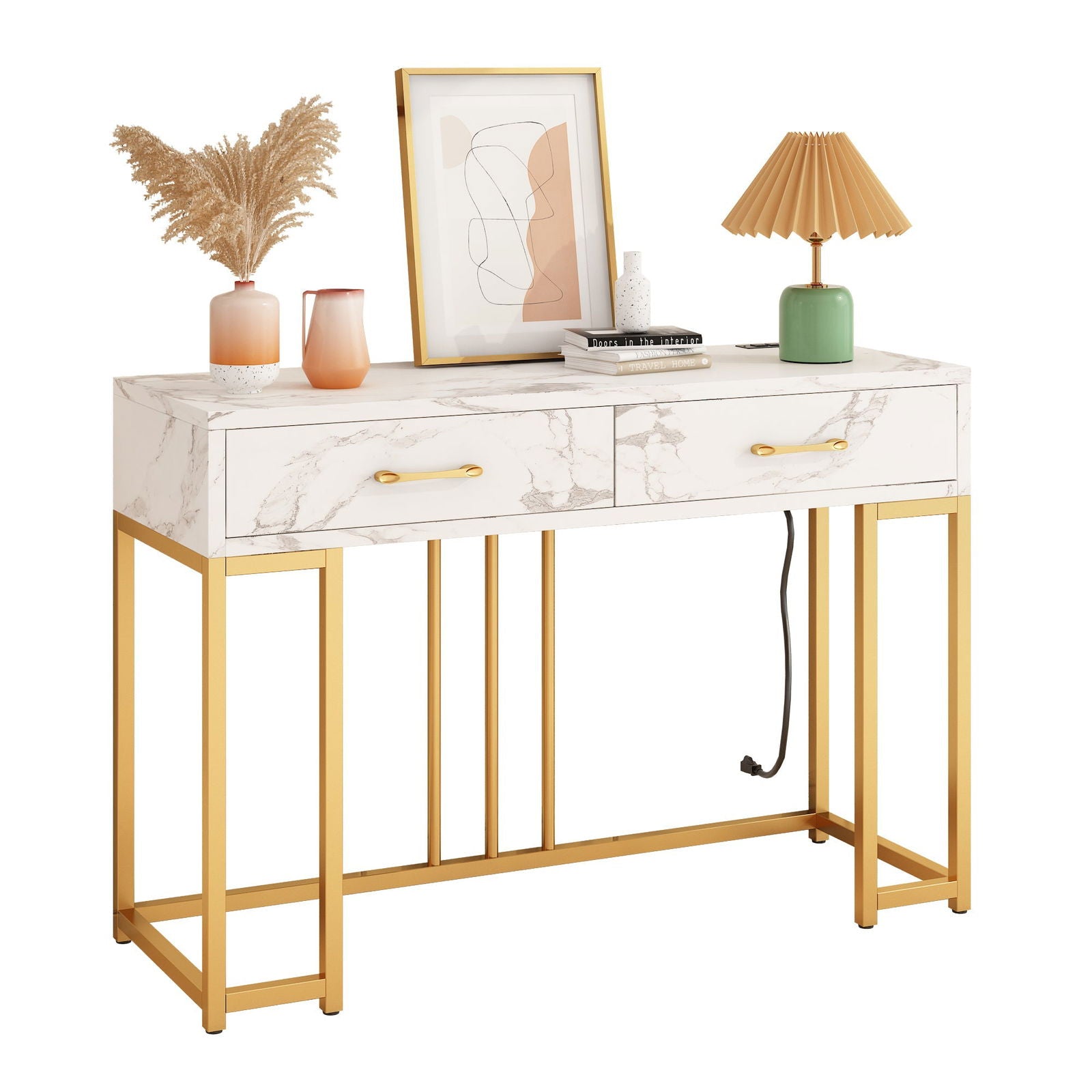 Elegant console table with outlets featuring a marble top and gold metal frame, perfect for modern decor