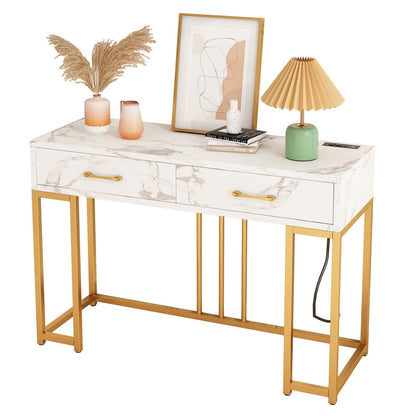 Elegant console table with outlets featuring a marble top and gold metal legs, ideal for home decor