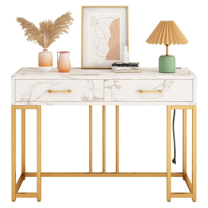 Elegant console table with outlets featuring marble top and gold metal legs for modern home decor