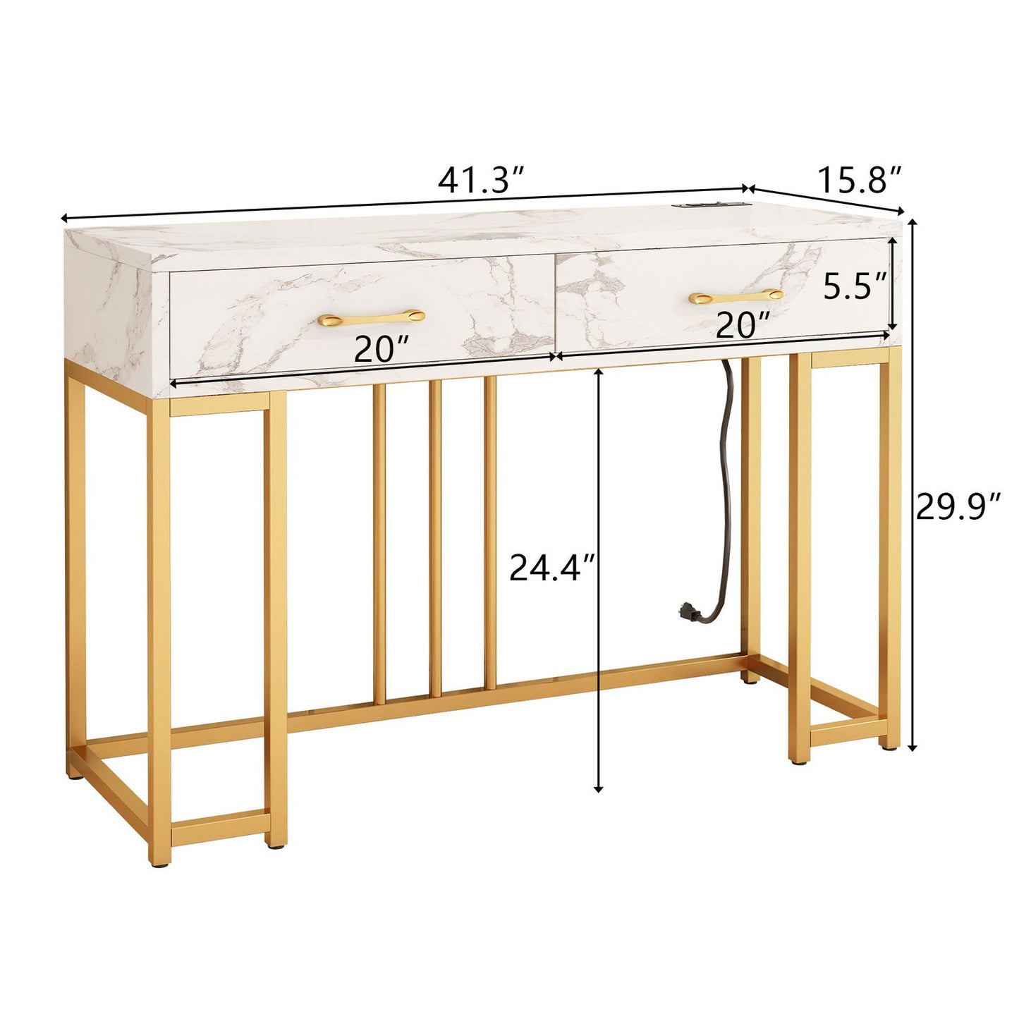 Stylish console table with outlets featuring marble finish and gold legs for modern home decor