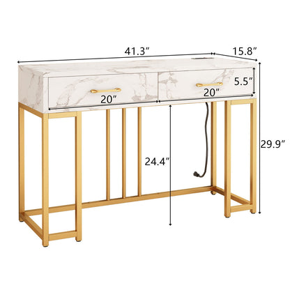 Stylish console table with outlets featuring marble finish and gold legs for modern home decor