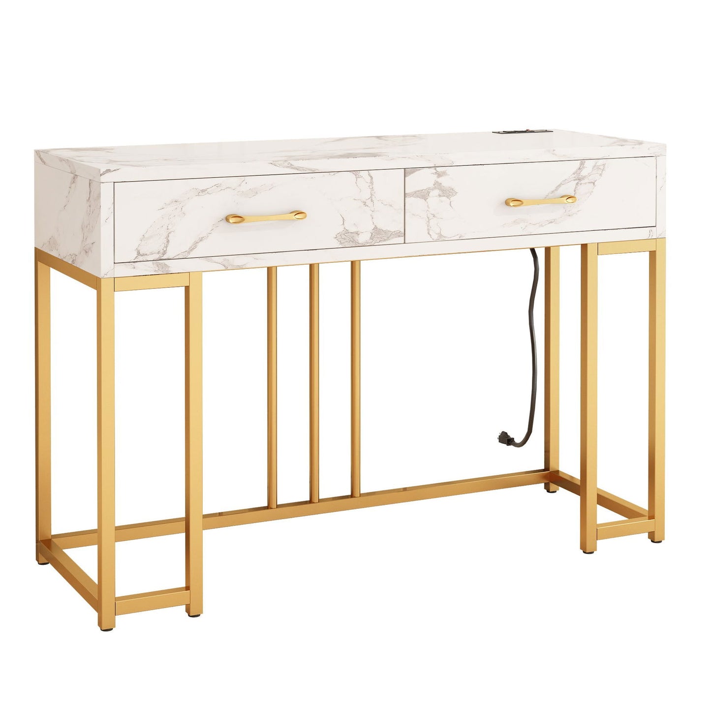 Elegant console table with outlets, featuring a marble top and gold metal frame for modern home decor