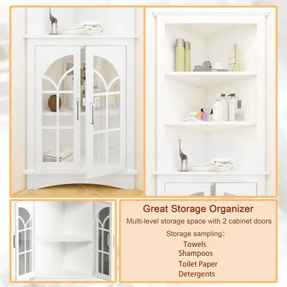 Corner Storage Cabinet, 63.3" Tall Freestanding Bookcase with Doors & Adjustable Shelves, 5-Tier Corner Display Cabinet, White MLNshops]