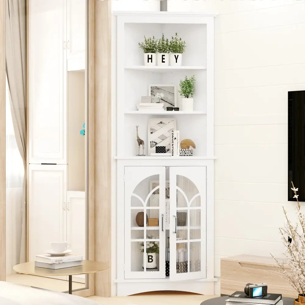 Corner Storage Cabinet, 63.3" Tall Freestanding Bookcase with Doors & Adjustable Shelves, 5-Tier Corner Display Cabinet, White MLNshops]