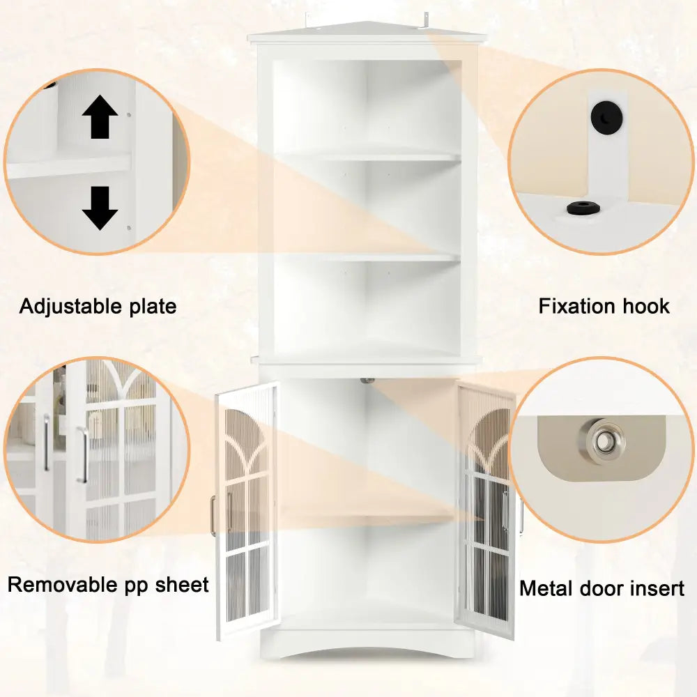 Corner Storage Cabinet, 63.3" Tall Freestanding Bookcase with Doors & Adjustable Shelves, 5-Tier Corner Display Cabinet, White MLNshops]