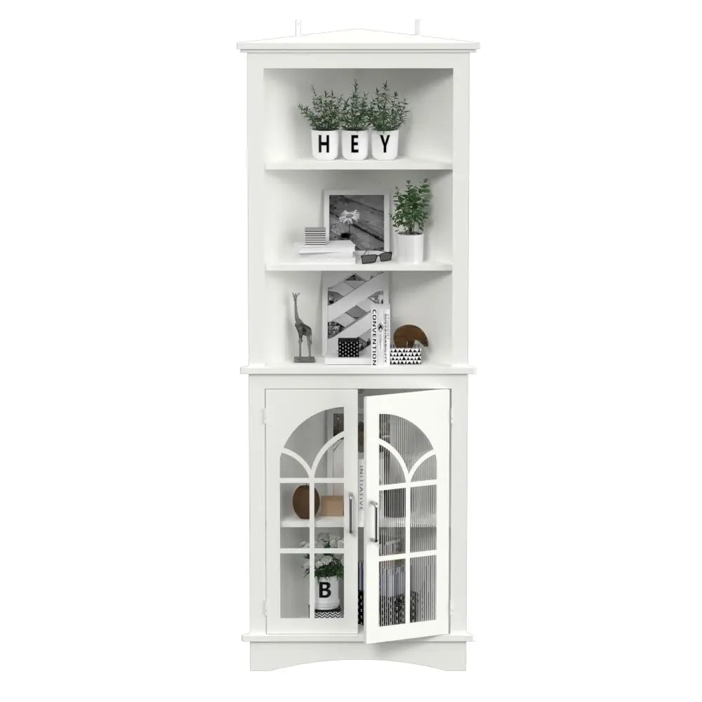 Corner Storage Cabinet, 63.3" Tall Freestanding Bookcase with Doors & Adjustable Shelves, 5-Tier Corner Display Cabinet, White MLNshops]