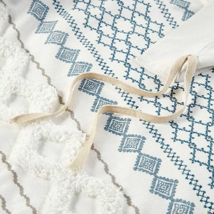 Textile with blue geometric pattern and natural fiber strap on a textured white surface